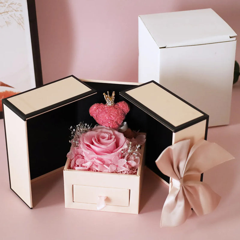 Mother's Day Gift Double Door Bear Rose Preserved Fresh Flower Jewelry Box
